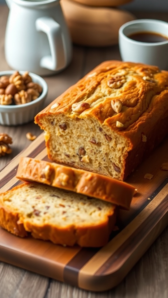 Gluten-Free Banana Bread Recipe A loaf of gluten-free banana bread sliced on a wooden board, with banana pieces visible inside, accompanied by coffee and walnuts.